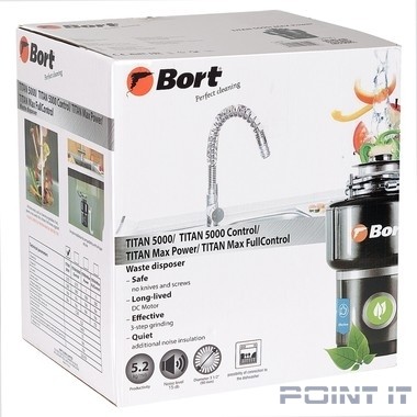 Bort Измельчитель пищевых отходов TITAN 5000 {560 Вт; 5,2 кг/мин; 3200 об/мин; 1400 мл; Нержавеющая сталь; набор аксессуаров 4 шт} [91275783]