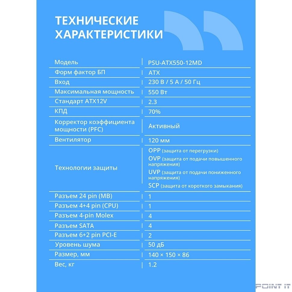 Блок питания CBR ATX 550W, 12cm fan, 24pin, 1*4+4pin, 1*6+2pin, 2*IDE, 3*SATA, кабель питания 1.2м, черный [PSU-ATX550-12MD] OEM