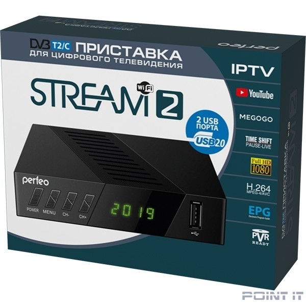 Perfeo DVB-T2/C приставка "STREAM-2" для цифр.TV, Wi-Fi, IPTV, HDMI, 2 USB, DolbyDigital, пульт ДУ [PF_A4488 ]