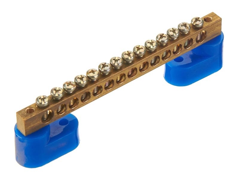 Шина N ноль на 2-х изоляторах, тип Стойка, синий, 6х9мм, 14 групп, латунь