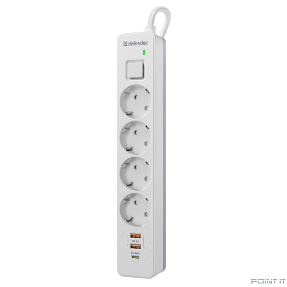 Defender Удлинитель с сетевым фильтром DFS 145 5 м,белый,4розетки,USB+TypeC [99435]