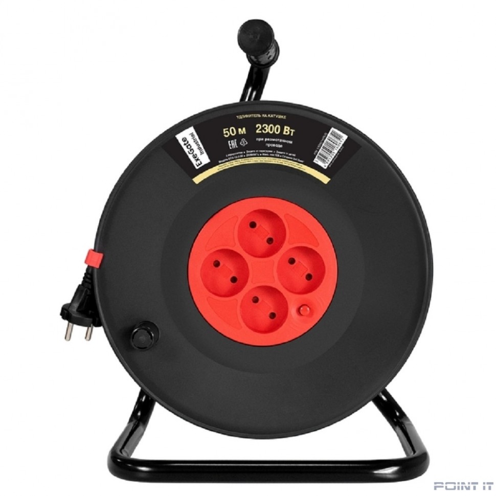 Exegate EX295745RUS Удлинитель на катушке ExeGate industrial ECS-10-2-50 (4 евророзетки, IP20, 50м, защита от детей, защита от перегрузки, 2х1,0мм2, 10А/2.3кВт)